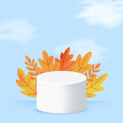 Autumn themed square card with white podium and surrounding foliage. Soft sky background perfect for social media or print. Vector illustration