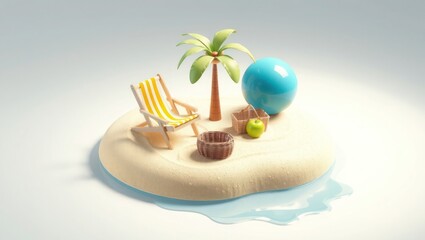 Obraz premium Idyllic miniature beach scene with a palm tree, beach chair, and inflatable ball.