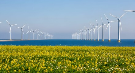 Vivid Yellow Flower Field with Offshore and Coastal Wind Turbines Against Blue Sea and Clear Sky
