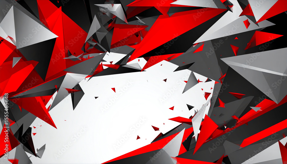 Poster dynamic abstract design featuring sharp, angular shapes in red, black, and gray, creating a sense of