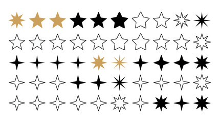 Fototapeta premium Various star shapes in rows with gold black and outline on a white backdrop