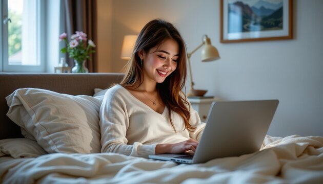 Young woman working on laptop in cozy bedroom, warm light, smiling and enjoying leisure time at home