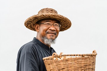 Fototapeta premium Elderly Farmer Smiling with Basket Rural Landscape Portrait Photography Natural Light Joyful Expression