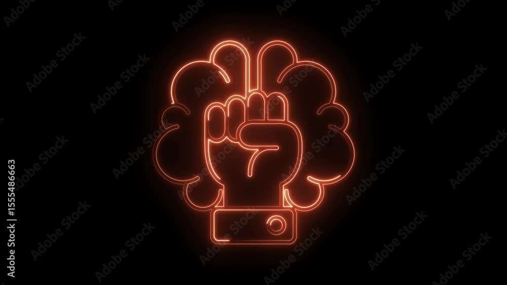 Poster glowing hand fist symbol displaying power and defiance with brain shaped aura on dark background