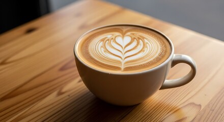 A close-up view of a coffee cup with latte art on a wooden table.