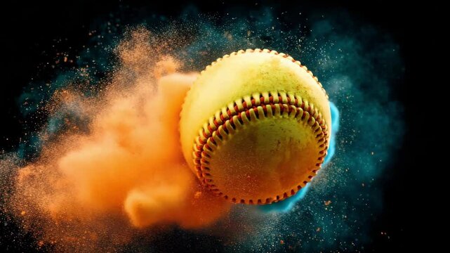 Softball ball sport with orange powder and blue powder explosion dynamic energetic motion effect