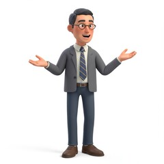 Animated Businessman with Glasses and Open Arms Presenting on White Background