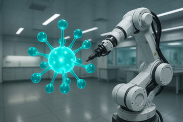 Robotic arm in laboratory setting is analyzing glowing biotech sample, resembling virus model, showcasing advanced technology and innovation