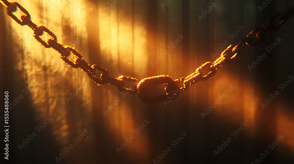 Aufkleber a chain is shown in a factory setting with a yellow glow. the chain is made of metal and is being ma