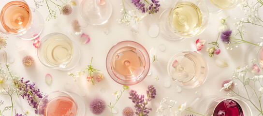  Beautiful overhead shot of assorted wine glasses with pink roses on a white background