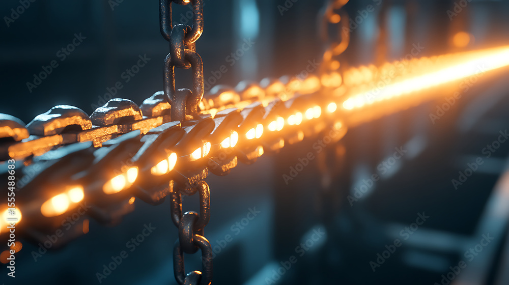 Aufkleber a chain is shown in a factory setting with a yellow glow. the chain is made of metal and is being ma