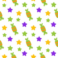 Halloween cartoon witchcraft vector seamless pattern. Pot, broom, black cats, halloween pumpkins
