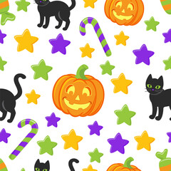 Halloween cartoon witchcraft vector seamless pattern. Pot, broom, black cats, halloween pumpkins