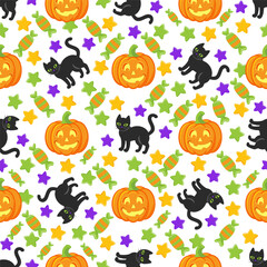 Halloween cartoon witchcraft vector seamless pattern. Pot, broom, black cats, halloween pumpkins