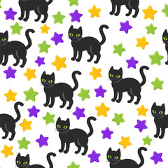 Halloween cartoon witchcraft vector seamless pattern. Pot, broom, black cats, halloween pumpkins