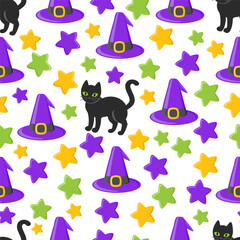 Halloween cartoon witchcraft vector seamless pattern. Pot, broom, black cats, halloween pumpkins