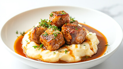 A delicious plate of meatballs served over creamy mashed potatoes with a rich gravy, garnished with fresh herbs.