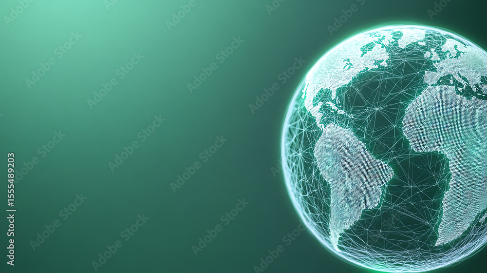 Poster A digital representation of the globe showcasing interconnected networks, symbolizing global connectivity and technological advancement.