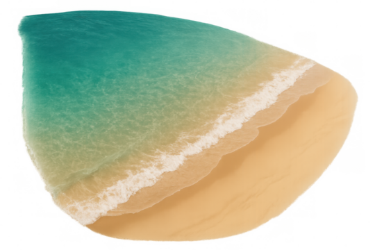 Capturing an aerial view of gentle waves washing over a tropical sandy beach, featuring a serene and transparent background