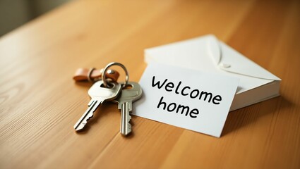 Welcome home keys and a card on a table