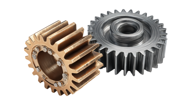Bronze and Steel Gears Interlocking Mechanical Engineering Precision on transparent background
