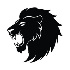 Majestic lion head roaring silhouette graphic design element on a clean white background