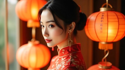 Beautiful asian woman in red dress with lanterns