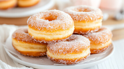 A tempting display of fluffy donuts coated in sugar, perfect for a sweet treat or dessert inspiration.