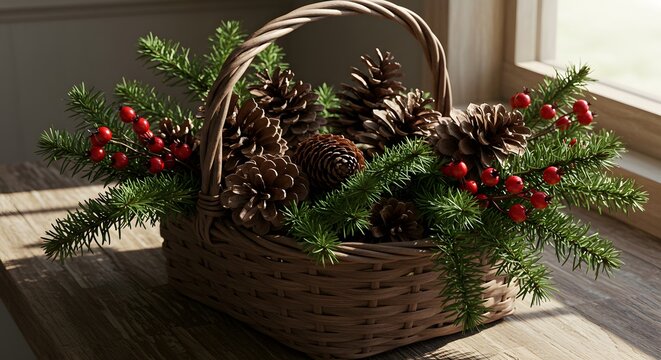 Rustic christmas basket arrangement with pinecones and berries for holiday home decor ideas