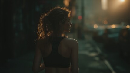 Woman jogs at golden dawn