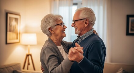 Happy senior Caucasian couple dancing together in cozy living room, joyful elderly man and woman smiling, enjoying retirement, romance and love, wearing glasses, positive lifestyle indoors