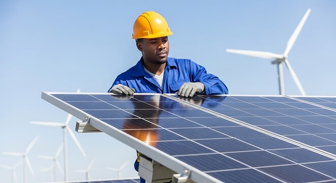 African American Engineer Inspects Solar Panel Outdoors at Renewable Energy Wind Farm, Sustainable Power Technician Working in Hard Hat and Gloves, Clean Energy Industry Concept