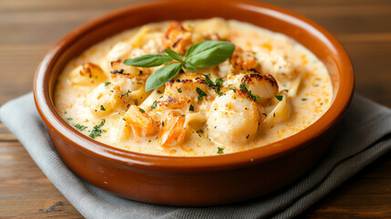 Delicious creamy seafood dish with scallops, garnished with fresh basil, served in a rustic bowl on a wooden table.