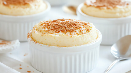 Delicious fluffy souffle served in white ramekins, perfect for a sweet dessert experience.