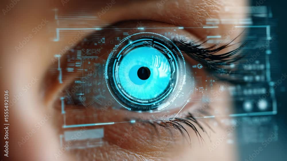 Poster blue eye digital interface with futuristic technology and glowing iris in advanced biometric scan