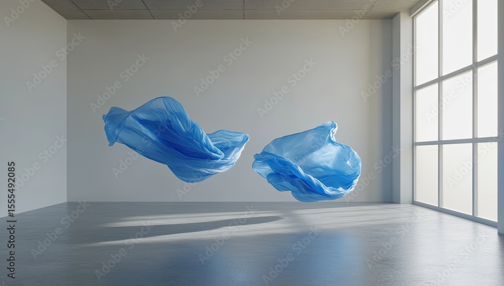 Fototapete floating blue fabric in modern space. possible use textile display