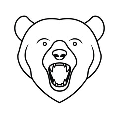 Fierce grizzly bear head roaring aggressively in a front facing view on a clean white background