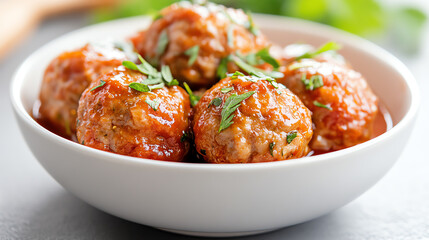 Delicious meatballs in a savory sauce garnished with fresh herbs, perfect for any culinary occasion or food photography.