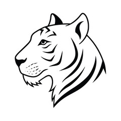 Majestic tiger head depicted in profile showcasing its fierce gaze and intricate details against a clean white background