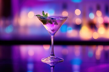 Cocktail hour, summer martini in stylish glass, held at upscale lounge with purple tones