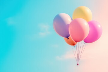 Cluster of floating balloons ascending, isolated over pastel gradient sky