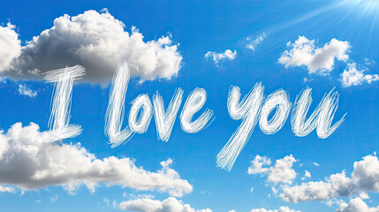 I love you written in fluffy clouds against bright blue sky creates romantic and uplifting atmosphere