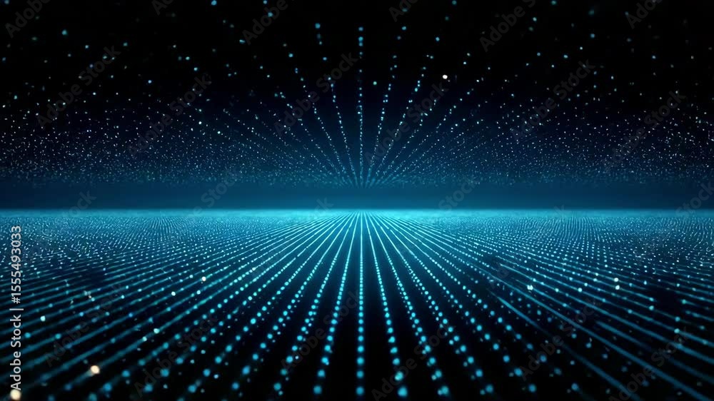 Poster glowing blue dot grid pattern with futuristic digital light creating immersive depth and perspective