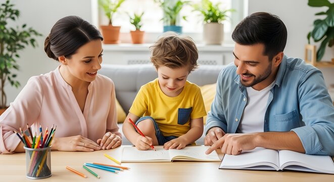 Happy child boy drawing with mom and daddy