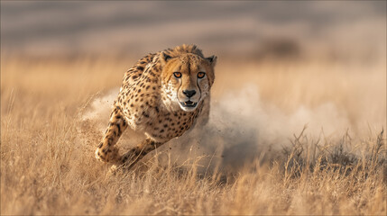 A cheetah sprinting at full speed across the grassy savanna, chasing its prey, showcasing power, agility, and wild nature in a dynamic and thrilling wildlife scene.