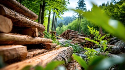 Obraz premium Wood logs stacked in a forest