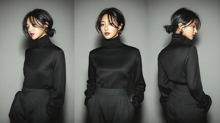 Three portraits of a woman in different angles against a solid - color background, wearing a black turtleneck top and dark checkered pants, showing a simple and fashionable style.
