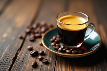Aromatic Espresso in a Glass Cup Resting on a Dark Wooden Table Surrounded by Coffee Beans