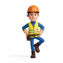 Cheerful Cartoon Construction Worker Posing with Confident Stance and Smiling Face