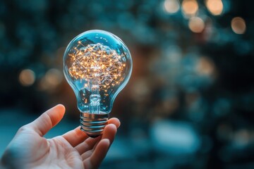 Close-up of hand offering a transparent bulb containing neural brain structure